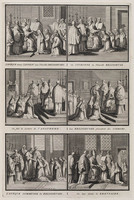KG 11849
<br/>
Catholiques: L'EVEQUE donne l'ANNEAU (...) On leur donne le BREVAIRE.
<br/>
<em>Picart, Bernard (1673-1733)</em>